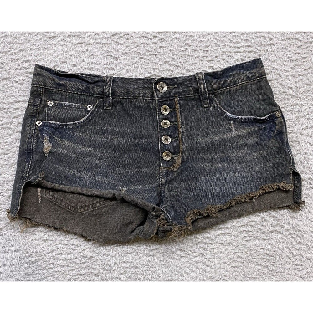 Free People Shorts Womens 26 Gray Hot Pants Jean Dirty Denim Button Fly Mid FP